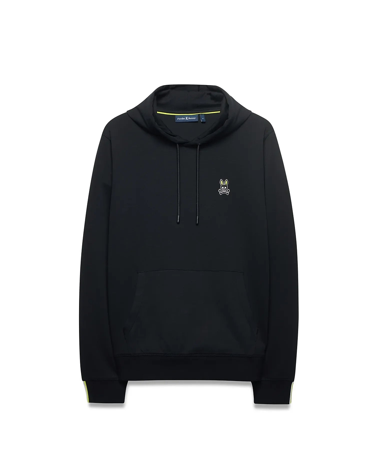 Mens Lex Hoodie, black classic fit jersey knit with a small embroidered neon yellow and white Psycho Bunny skull logo on the left chest, drawstring hood, kangaroo pocket, and neon yellow stripe accents on the cuffs and collar lining. (5)