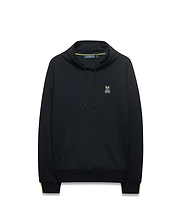 Mens Lex Hoodie, black classic fit jersey knit with a small embroidered neon yellow and white Psycho Bunny skull logo on the left chest, drawstring hood, kangaroo pocket, and neon yellow stripe accents on the cuffs and collar lining. (5)