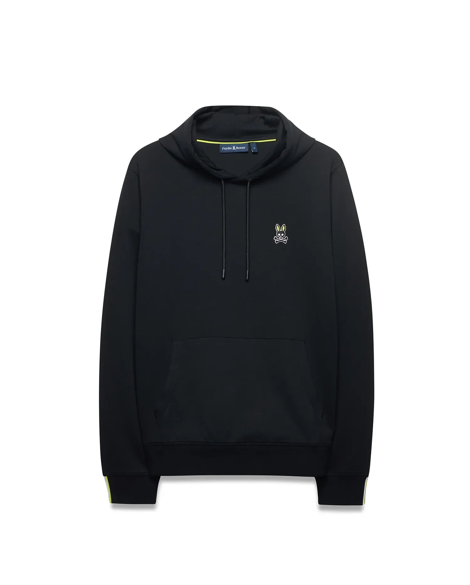 Mens Lex Hoodie, black classic fit jersey knit with a small embroidered neon yellow and white Psycho Bunny skull logo on the left chest, drawstring hood, kangaroo pocket, and neon yellow stripe accents on the cuffs and collar lining. (5)
