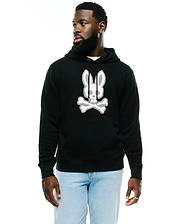 Men's Samson Cotton Hoodie, a black relaxed fit hoodie with a large, textured white Psycho Bunny skull logo on the chest, featuring a drawstring hood and kangaroo pocket. (1)