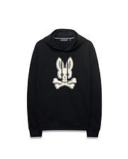 Men's Samson Cotton Hoodie, black relaxed fit French terry with a large textured white Psycho Bunny skull and crossbones embroidered on the chest, featuring a drawstring hood and kangaroo pocket. (5)