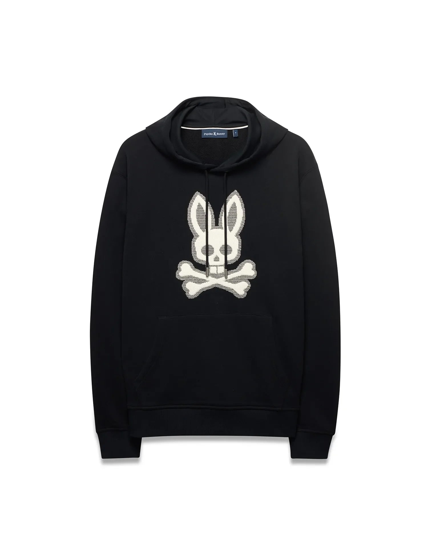 Men's Samson Cotton Hoodie, black relaxed fit French terry with a large textured white Psycho Bunny skull and crossbones embroidered on the chest, featuring a drawstring hood and kangaroo pocket. (5)