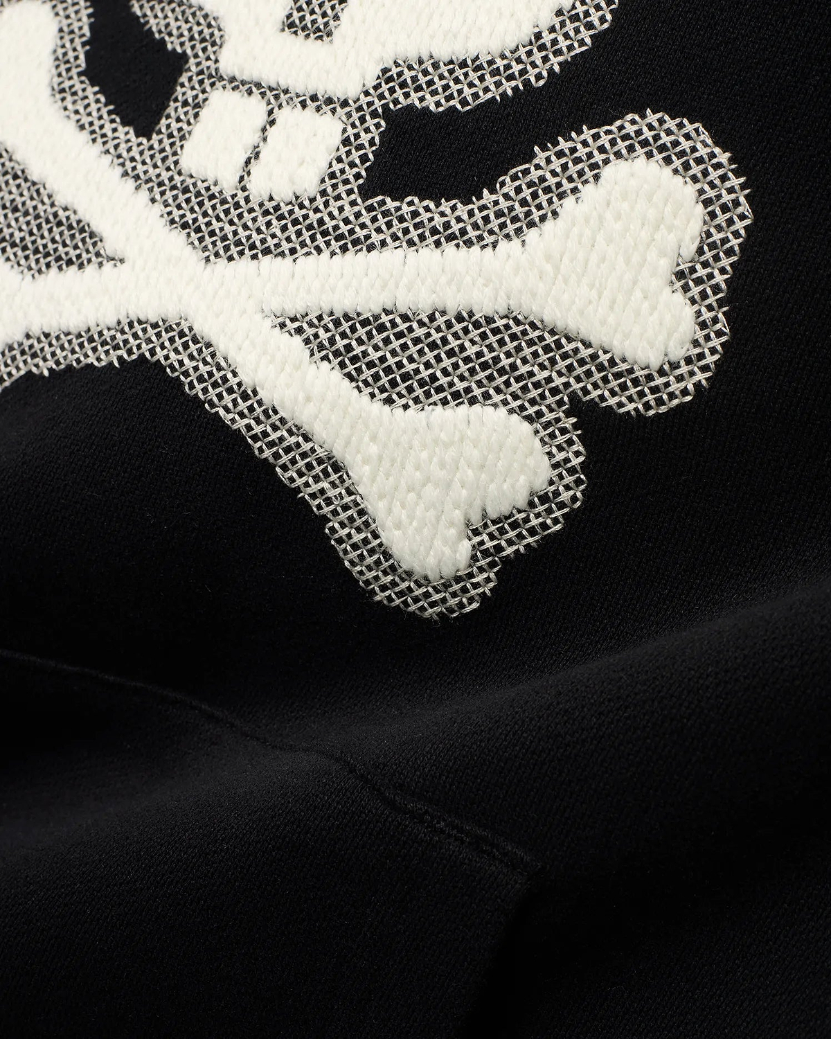Men's Samson Cotton Hoodie, a classic fit black hoodie crafted from premium cotton French terry, featuring a prominent white bunny skull logo with a textured, embroidered fill and a fine mesh outline. (6)