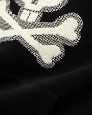 Men's Samson Cotton Hoodie, a classic fit black hoodie crafted from premium cotton French terry, featuring a prominent white bunny skull logo with a textured, embroidered fill and a fine mesh outline. (6)