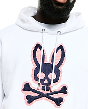 Men's Samson Cotton Hoodie, a white relaxed fit cotton French terry hoodie featuring a large, central navy and coral pink cross-stitch embroidered Psycho Bunny skull and crossbones logo. (2)