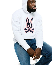 Men's Samson Cotton Hoodie, white relaxed fit hoodie in soft cotton jersey, featuring a large embroidered pink and black Psycho Bunny skull logo on the center chest. (3)