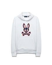 Men's Samson Cotton Hoodie, a white relaxed fit French terry hoodie featuring a large, centered embroidered navy and coral pink Psycho Bunny skull logo, drawstring hood, and kangaroo pocket. (5)