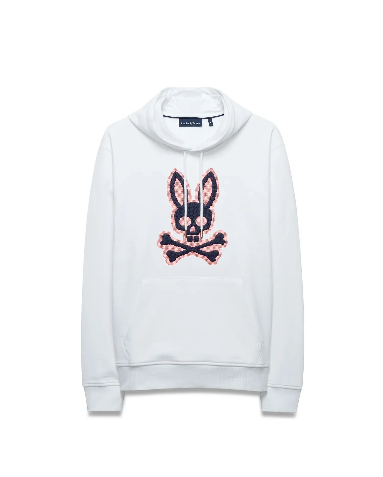 Men's Samson Cotton Hoodie, a white relaxed fit French terry hoodie featuring a large, centered embroidered navy and coral pink Psycho Bunny skull logo, drawstring hood, and kangaroo pocket. (5)