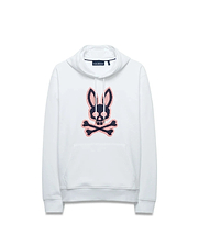 Men's Samson Cotton Hoodie, a white relaxed fit French terry hoodie featuring a large, centered embroidered navy and coral pink Psycho Bunny skull logo, drawstring hood, and kangaroo pocket. (5)