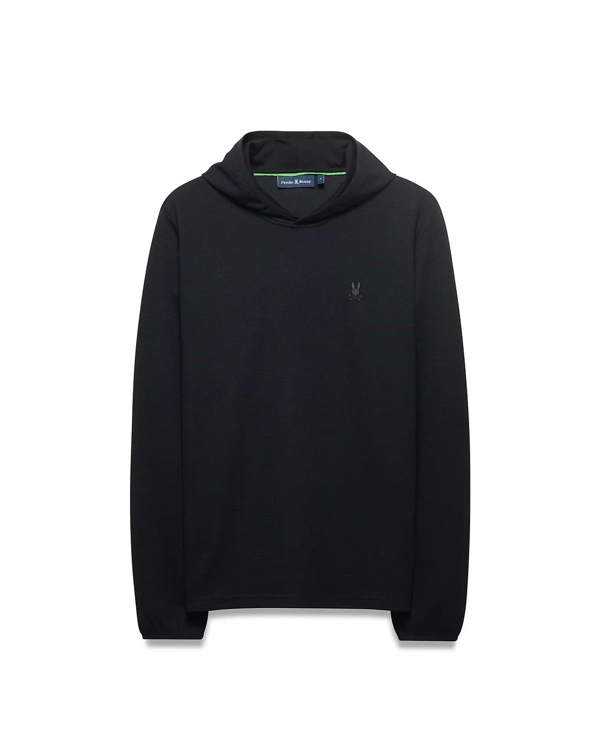 Mens Tomas Waffle Hoodie, black waffle knit, classic fit, with a small tonal embroidered Psycho Bunny skull logo on the left chest and a green accented neck label.