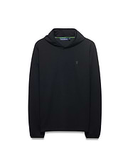 Mens Tomas Waffle Hoodie, black waffle knit, classic fit, with a small tonal embroidered Psycho Bunny skull logo on the left chest and a green accented neck label.
