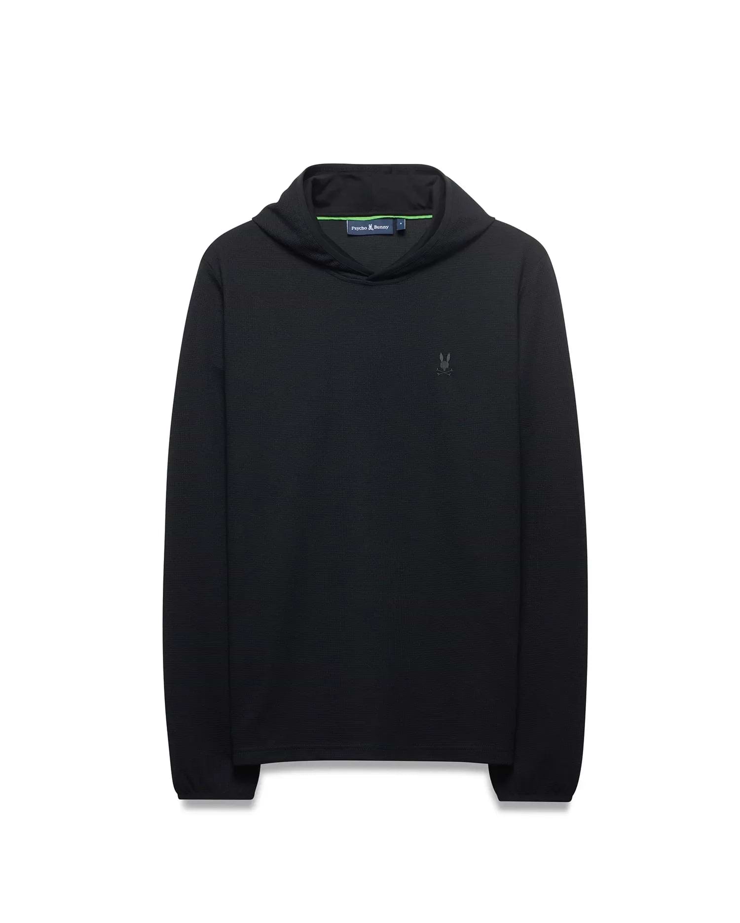Mens Tomas Waffle Hoodie, black waffle knit, classic fit, with a small tonal embroidered Psycho Bunny skull logo on the left chest and a green accented neck label.