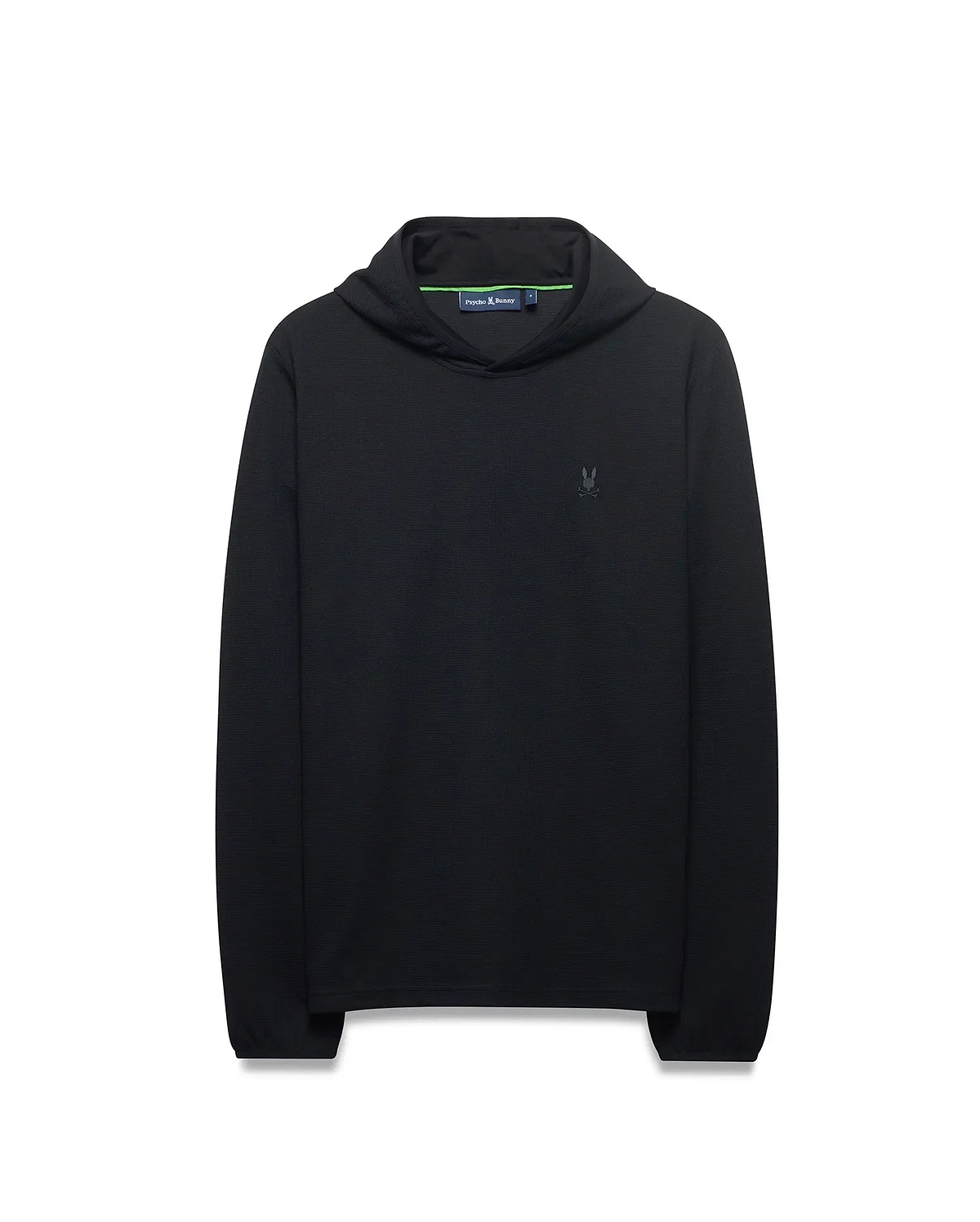 Mens Tomas Waffle Hoodie, black waffle knit, classic fit, with a small tonal embroidered Psycho Bunny skull logo on the left chest and a green accented neck label.