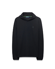 Mens Tomas Waffle Hoodie, black waffle knit, classic fit, with a small tonal embroidered Psycho Bunny skull logo on the left chest and a green accented neck label.