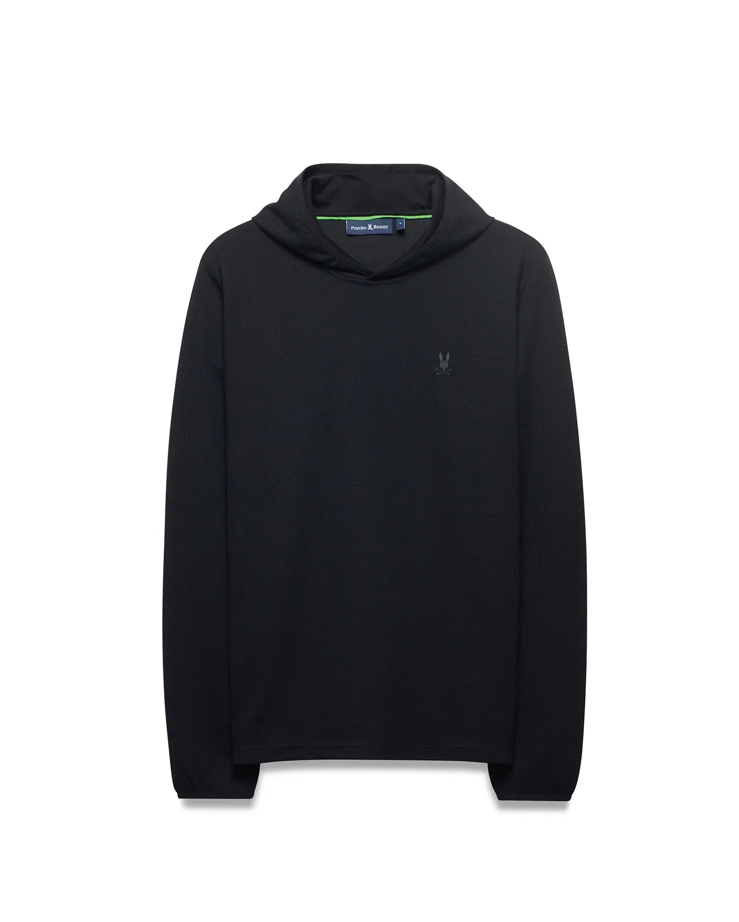 Mens Tomas Waffle Hoodie, black waffle knit, classic fit, with a small tonal embroidered Psycho Bunny skull logo on the left chest and a green accented neck label.