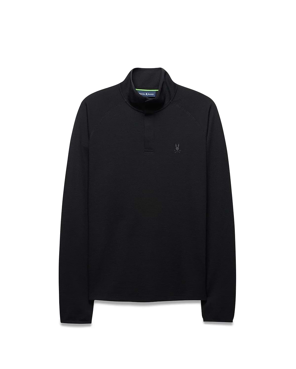 Black Mens Tomas Waffle 1/4 Zip with a classic fit, featuring a subtle waffle knit texture, a stand-up collar with green accent lining, and a small tonal embroidered Psycho Bunny skull logo on the left chest.