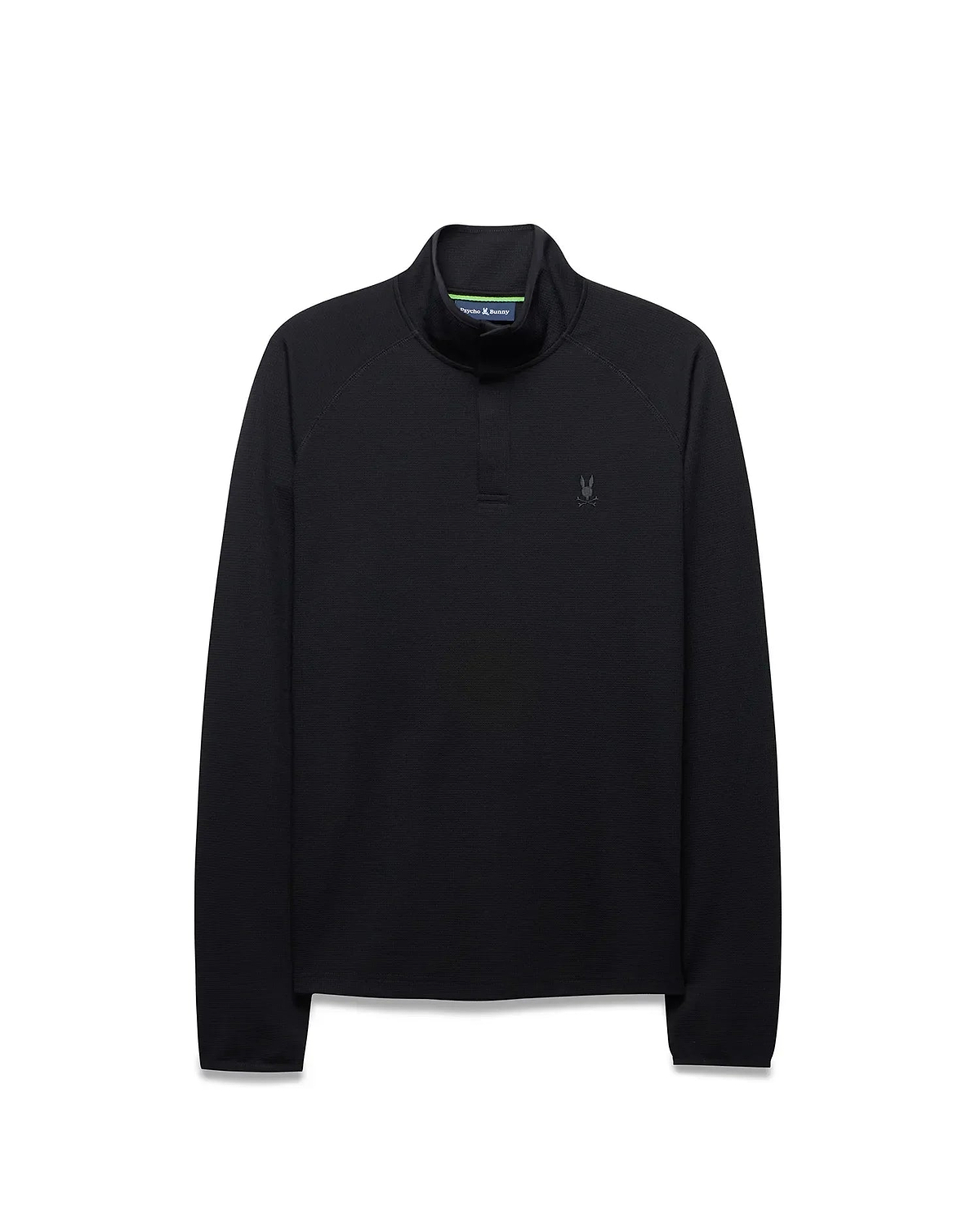 Black Mens Tomas Waffle 1/4 Zip with a classic fit, featuring a subtle waffle knit texture, a stand-up collar with green accent lining, and a small tonal embroidered Psycho Bunny skull logo on the left chest.