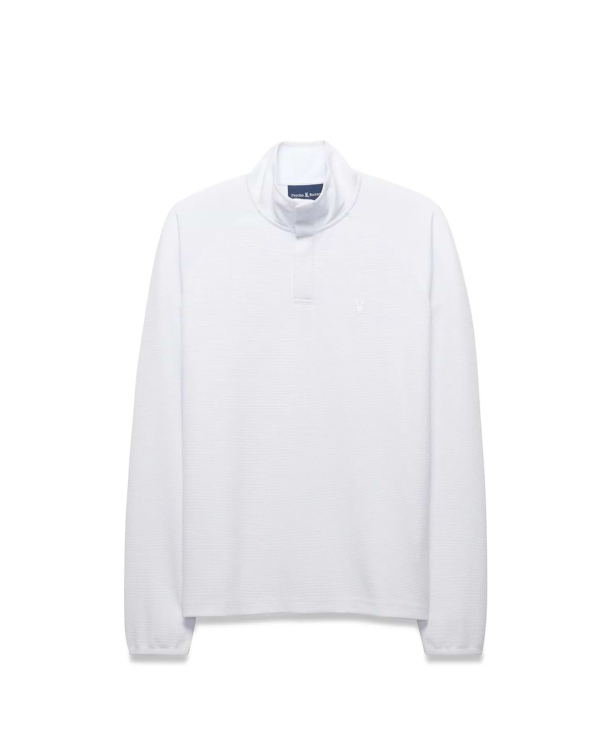 Mens Tomas Waffle 1/4 Zip, a crisp white classic fit waffle knit mock neck pullover featuring a small embroidered Psycho Bunny skull logo on the left chest.
