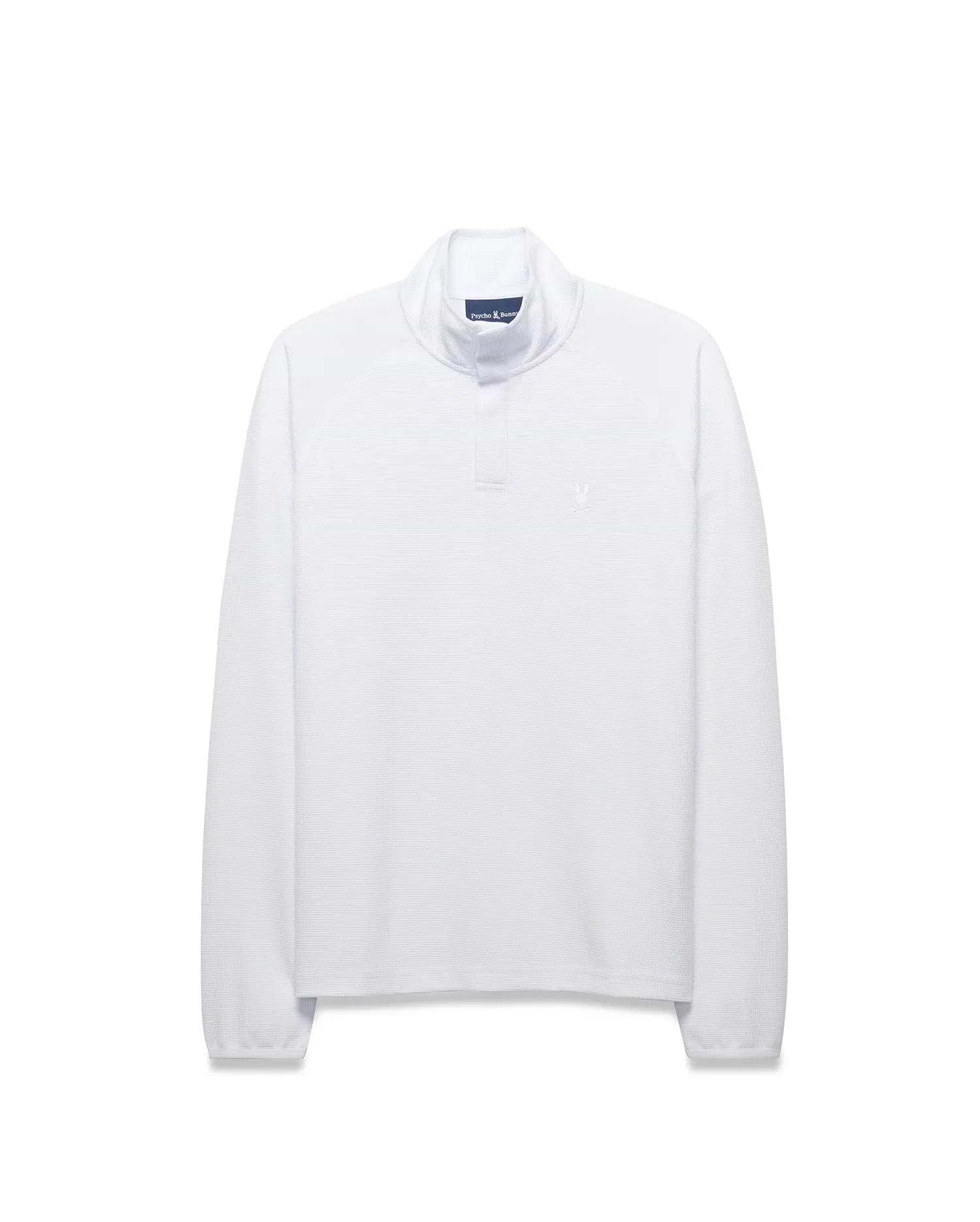 Mens Tomas Waffle 1/4 Zip, a crisp white classic fit waffle knit mock neck pullover featuring a small embroidered Psycho Bunny skull logo on the left chest.