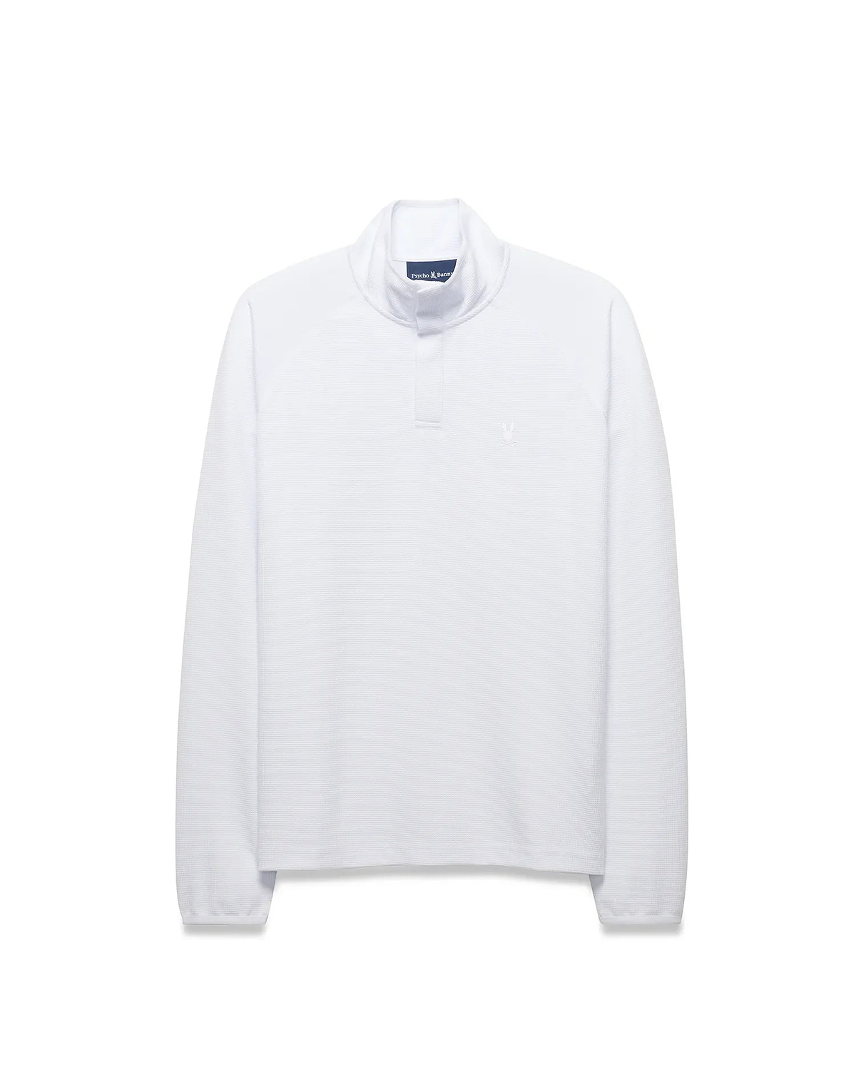 Mens Tomas Waffle 1/4 Zip, a crisp white classic fit waffle knit mock neck pullover featuring a small embroidered Psycho Bunny skull logo on the left chest.