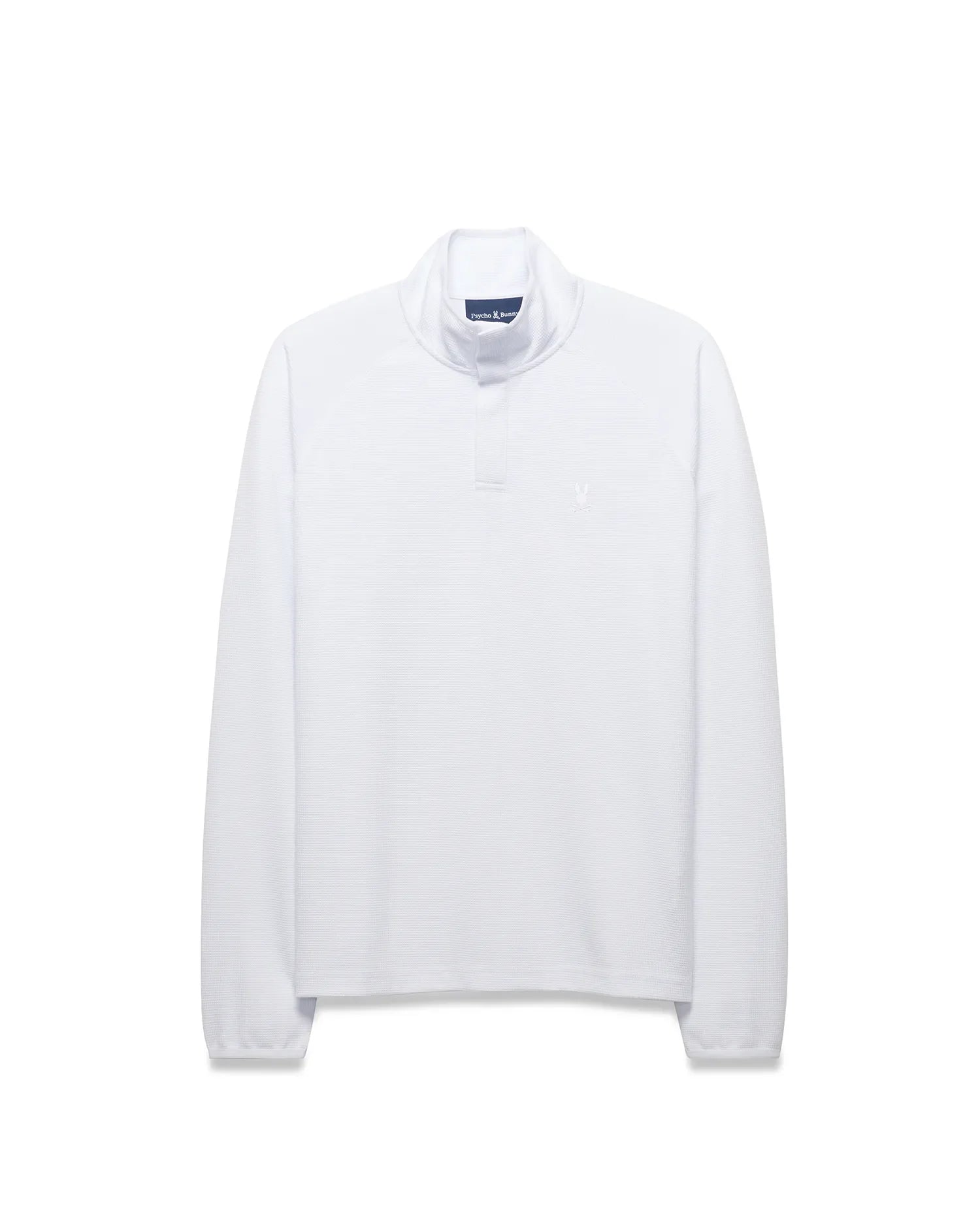 Mens Tomas Waffle 1/4 Zip, a crisp white classic fit waffle knit mock neck pullover featuring a small embroidered Psycho Bunny skull logo on the left chest.