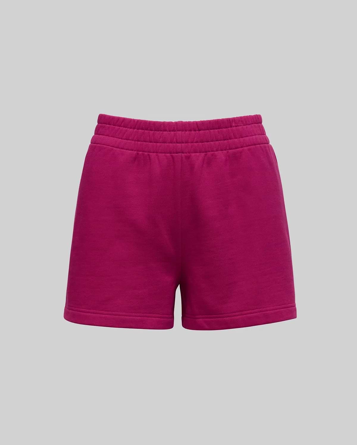 Womens Olivia Fleece Short in vibrant magenta, featuring a comfortable elasticated waistband, relaxed fit, and signature embroidered Psycho Bunny skull logo, crafted from soft fleece fabric. (4)