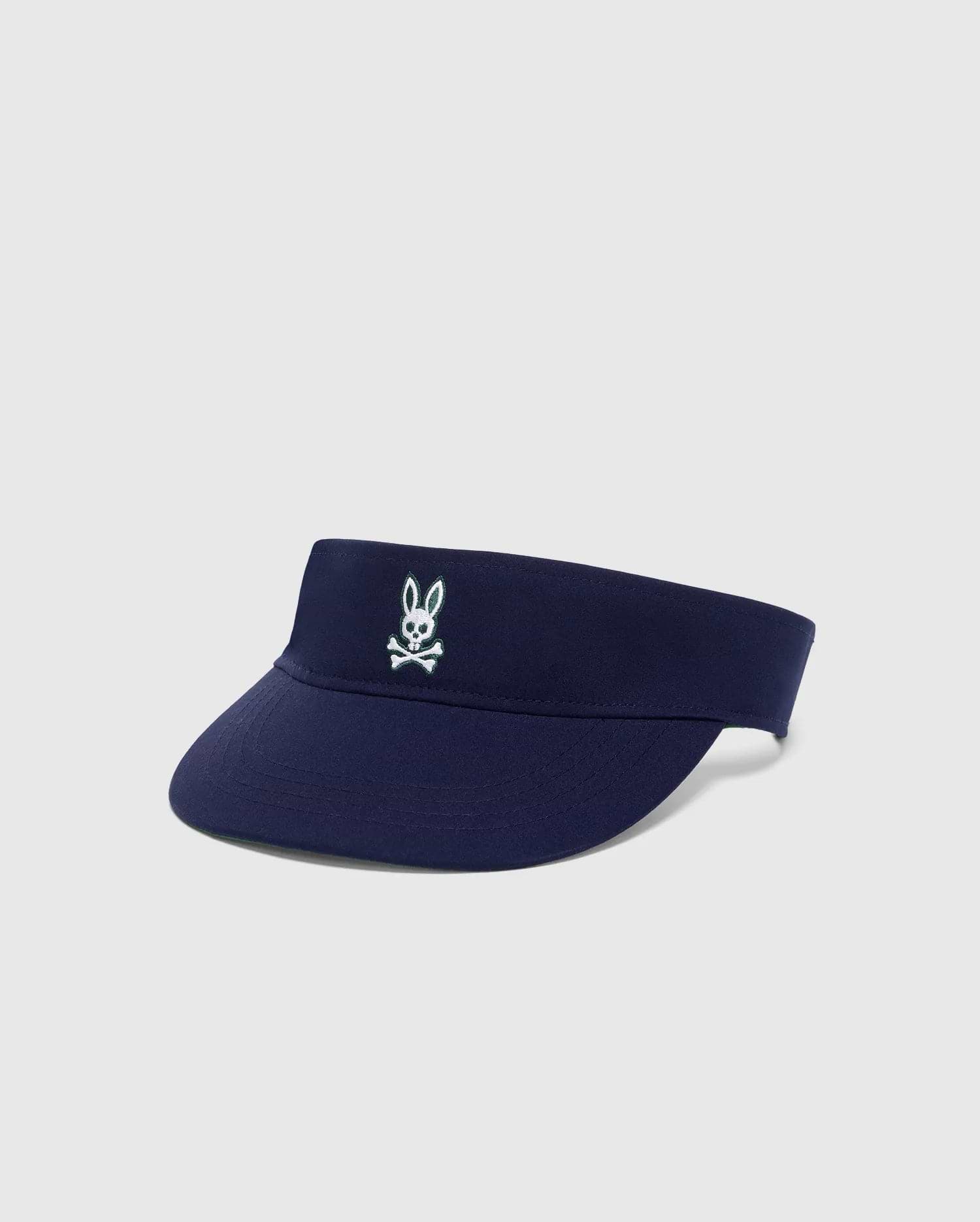 Women's Sport Visor in navy, featuring a small, white embroidered Psycho Bunny skull logo on the front left, with a smooth performance fabric and a green underside to the brim. (2)