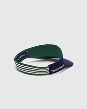 Women's Sport Visor in navy with a green underside, featuring a green, white, and navy striped elastic band, embroidered Psycho Bunny text on the back, and a small bunny skull logo inside. (4)