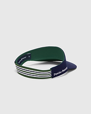Women's Sport Visor in navy with a green underside, featuring a green, white, and navy striped elastic band, embroidered Psycho Bunny text on the back, and a small bunny skull logo inside. (4)