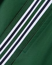 Women's Cecilia Pleated Skort in deep green, featuring a diagonal woven trim with alternating green, white, and navy stripes. Smooth fabric with visible stitching detail. (6)