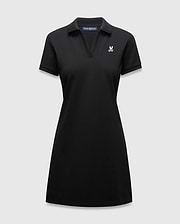 Women's Clara Pique Dress, a classic fit black pique polo dress with a V-neck, short sleeves, and a small white embroidered Psycho Bunny skull logo on the left chest. (5)