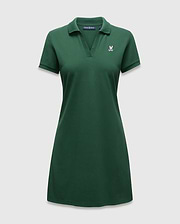 Women's Clara Pique Dress, a dark green polo dress with a classic fit, pique knit texture, and a small embroidered white and pink Psycho Bunny skull logo on the left chest. (5)