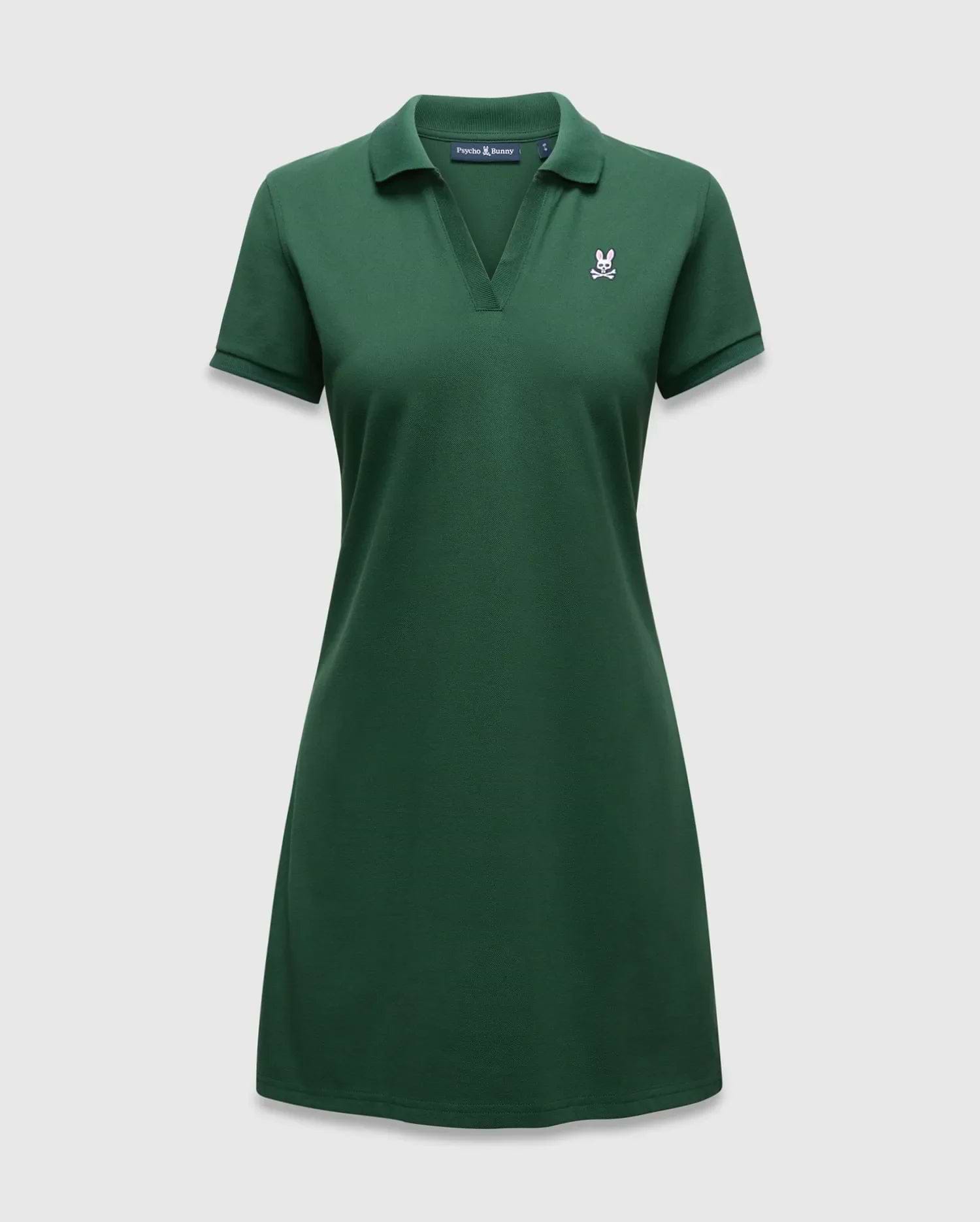 Women's Clara Pique Dress, a dark green polo dress with a classic fit, pique knit texture, and a small embroidered white and pink Psycho Bunny skull logo on the left chest. (5)