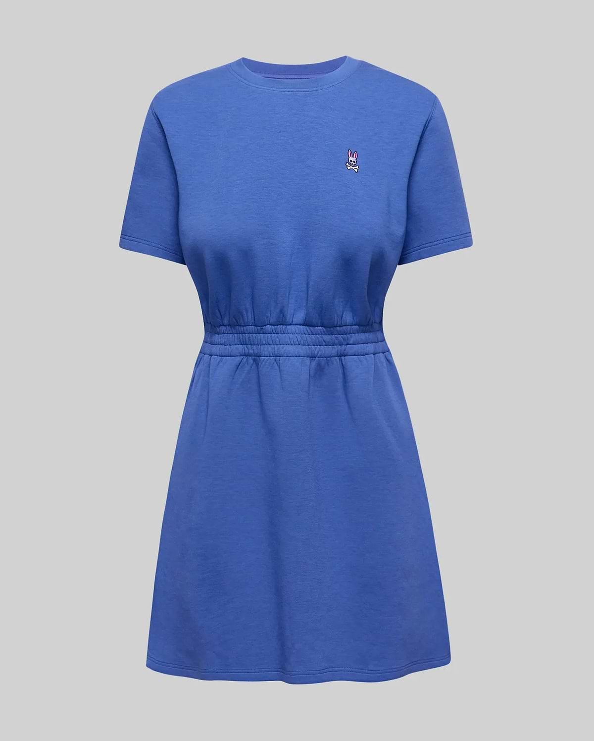 Womens Penelope Dress in blue soft jersey, featuring a relaxed fit, short sleeves, cinched elasticated waist, A-line skirt, and a small embroidered Psycho Bunny skull logo on the left chest. (4)