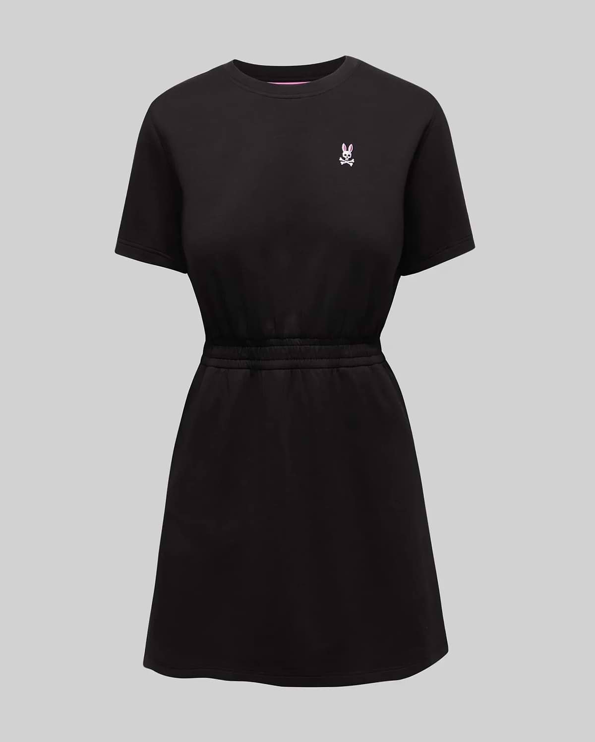 Womens Penelope Dress, a black short-sleeve jersey dress with a crew neck, cinched elastic waist, and a small embroidered pink Psycho Bunny skull logo on the left chest. (5)