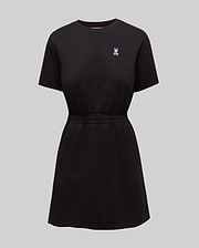 Womens Penelope Dress, a black short-sleeve jersey dress with a crew neck, cinched elastic waist, and a small embroidered pink Psycho Bunny skull logo on the left chest. (5)