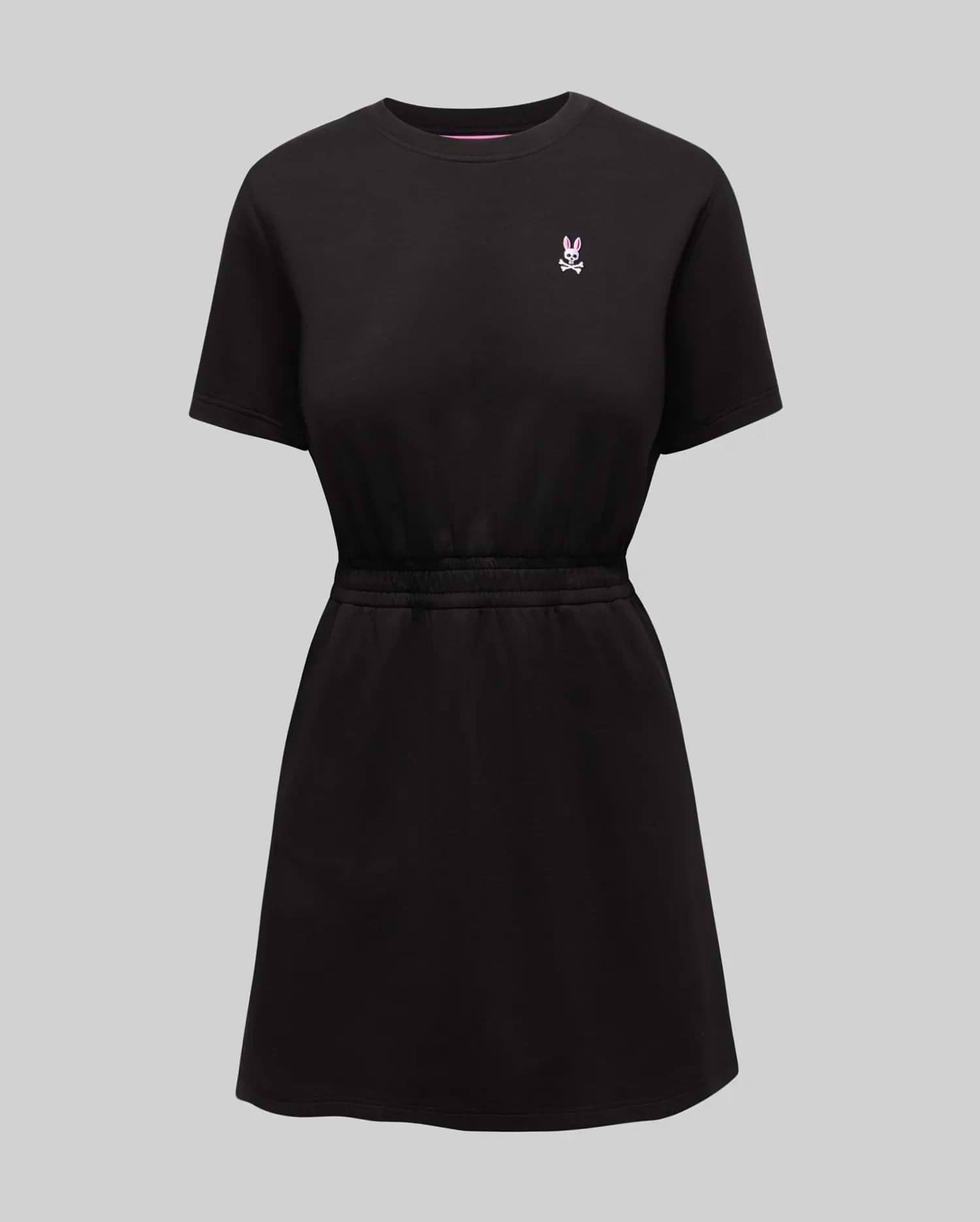 Womens Penelope Dress, a black short-sleeve jersey dress with a crew neck, cinched elastic waist, and a small embroidered pink Psycho Bunny skull logo on the left chest. (5)