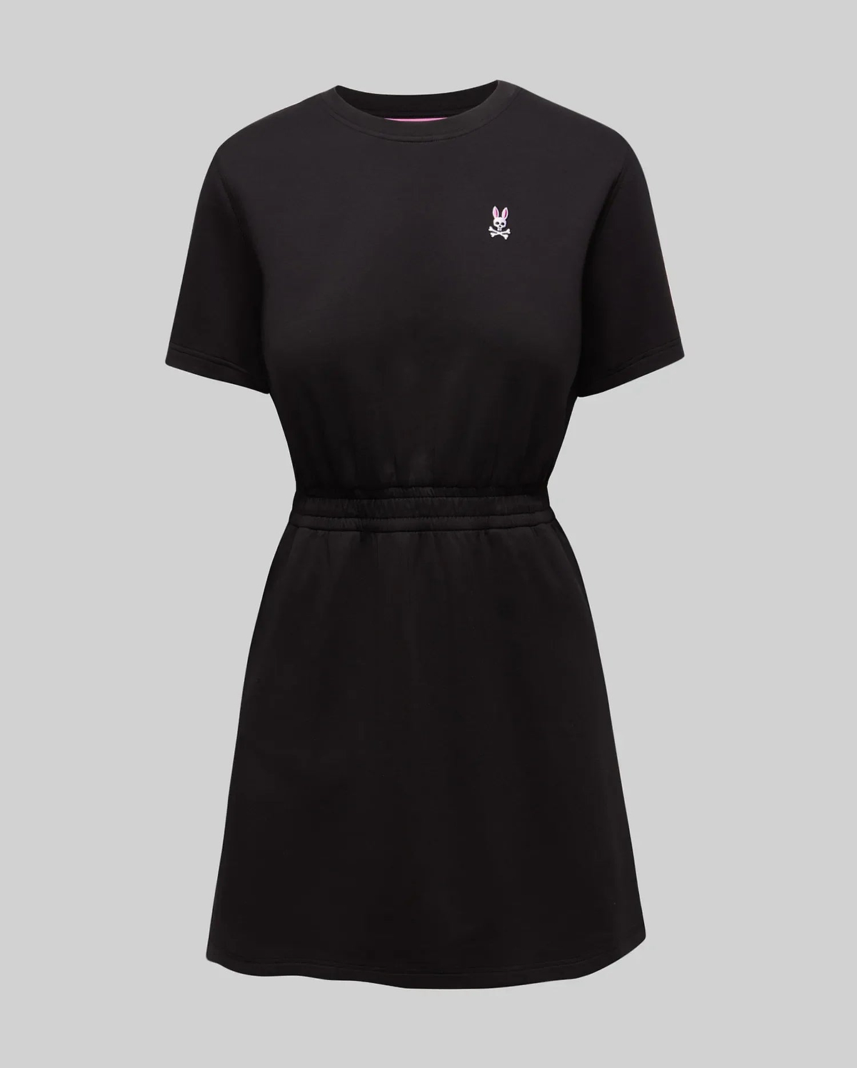 Womens Penelope Dress, a black short-sleeve jersey dress with a crew neck, cinched elastic waist, and a small embroidered pink Psycho Bunny skull logo on the left chest. (5)