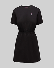 Womens Penelope Dress, a black short-sleeve jersey dress with a crew neck, cinched elastic waist, and a small embroidered pink Psycho Bunny skull logo on the left chest. (5)