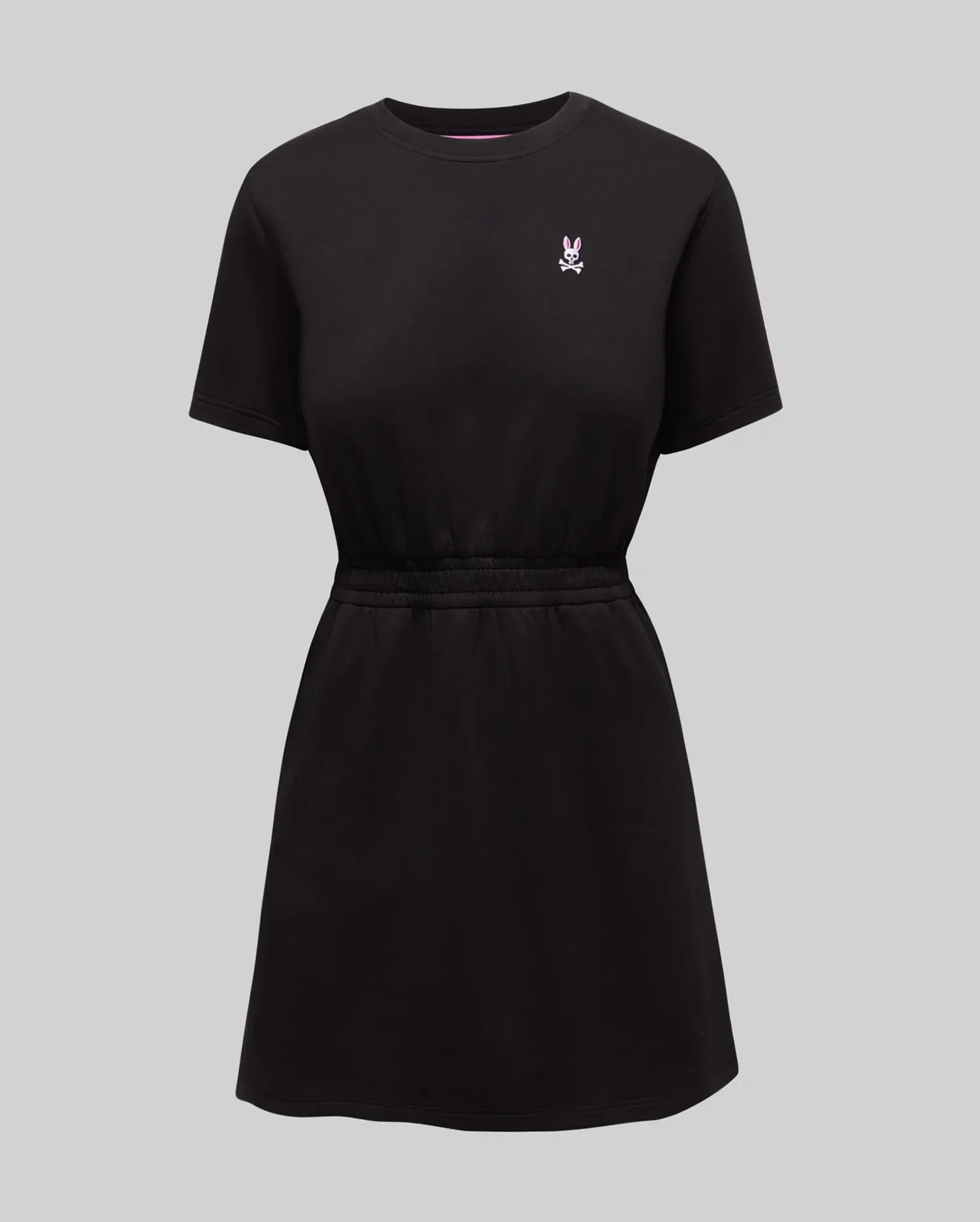 Womens Penelope Dress, a black short-sleeve jersey dress with a crew neck, cinched elastic waist, and a small embroidered pink Psycho Bunny skull logo on the left chest. (5)