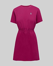Womens Penelope Dress, a vibrant fuchsia jersey knit mini dress with a relaxed top, cinched elasticated waist, crew neck, short sleeves, and a small embroidered Psycho Bunny skull logo on the left chest. (5)