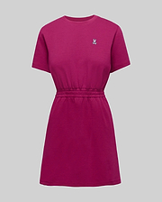 Womens Penelope Dress, a vibrant fuchsia jersey knit mini dress with a relaxed top, cinched elasticated waist, crew neck, short sleeves, and a small embroidered Psycho Bunny skull logo on the left chest. (5)