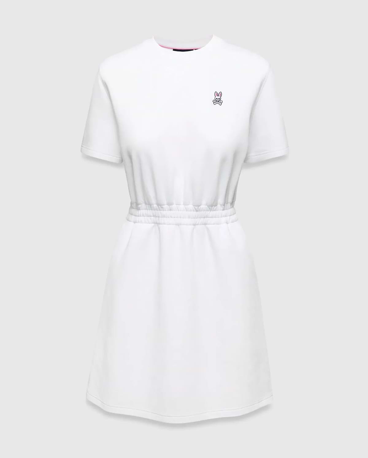 Womens Penelope Dress: White jersey dress with a relaxed fit, elasticated waist, and small pink embroidered Psycho Bunny skull logo on the left chest, accented with a pink neckline trim. (5)