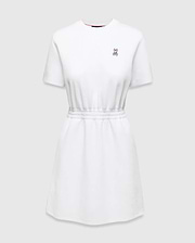 Womens Penelope Dress: White jersey dress with a relaxed fit, elasticated waist, and small pink embroidered Psycho Bunny skull logo on the left chest, accented with a pink neckline trim. (5)