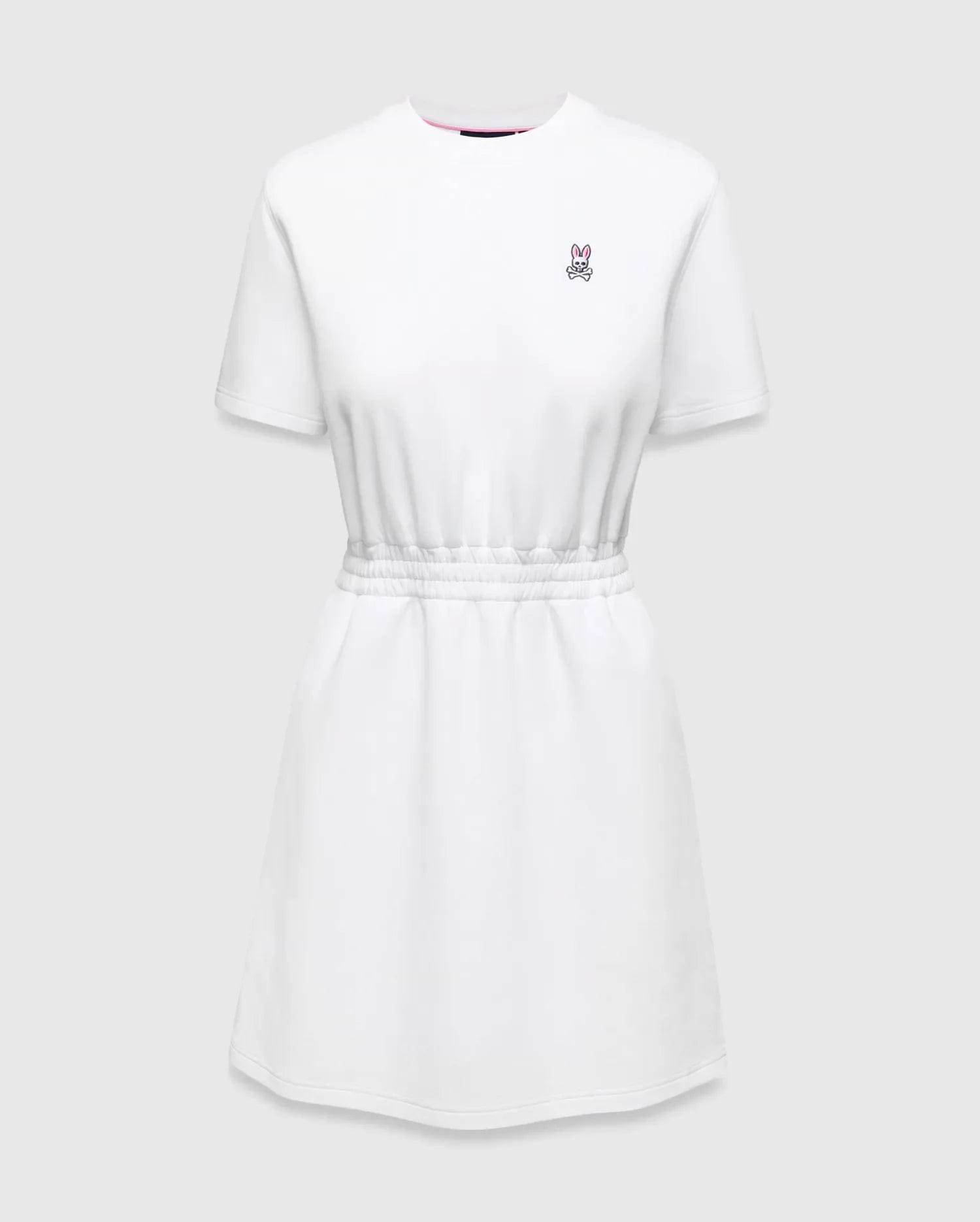 Womens Penelope Dress: White jersey dress with a relaxed fit, elasticated waist, and small pink embroidered Psycho Bunny skull logo on the left chest, accented with a pink neckline trim. (5)