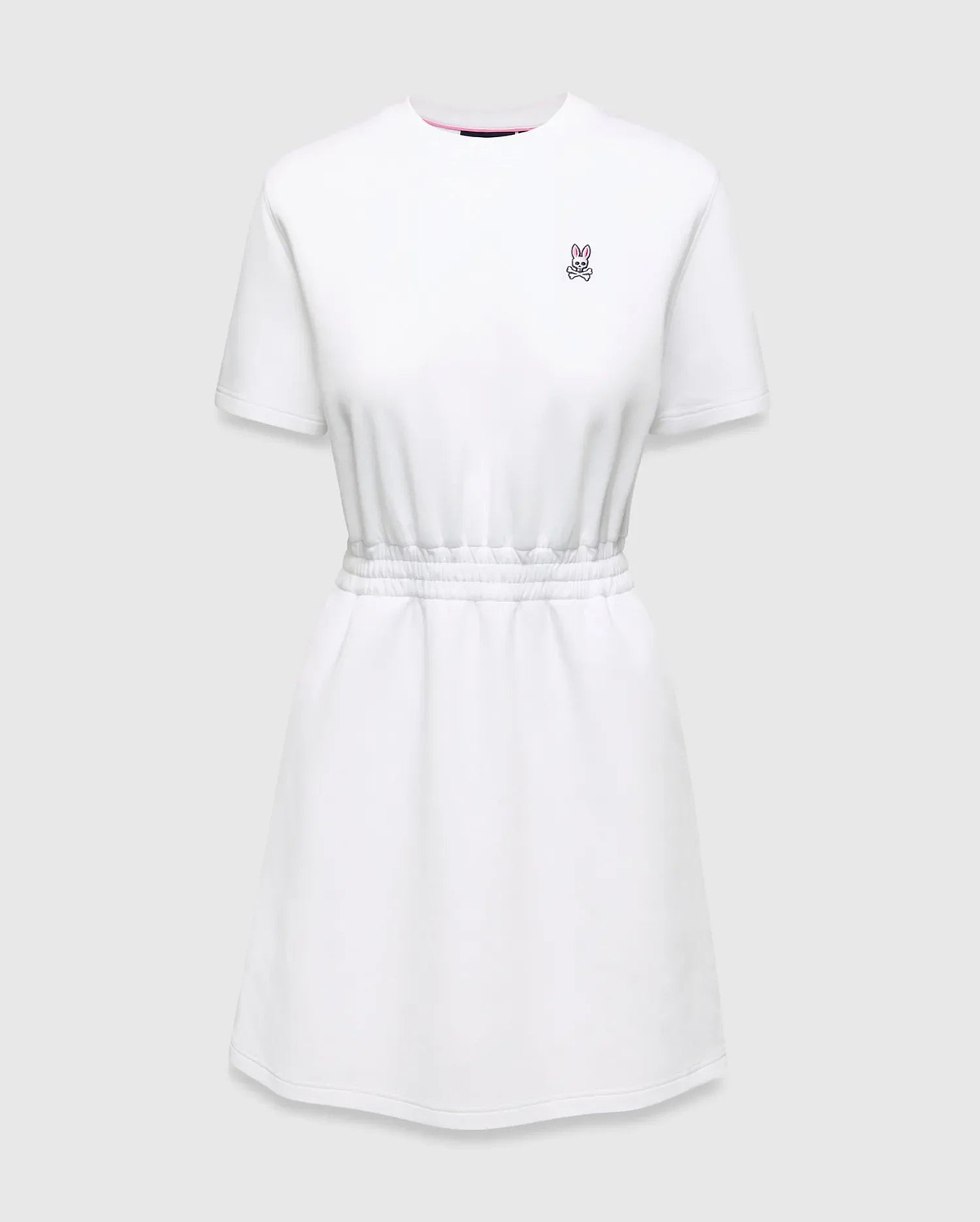 Womens Penelope Dress: White jersey dress with a relaxed fit, elasticated waist, and small pink embroidered Psycho Bunny skull logo on the left chest, accented with a pink neckline trim. (5)