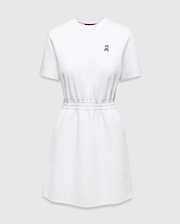 Womens Penelope Dress: White jersey dress with a relaxed fit, elasticated waist, and small pink embroidered Psycho Bunny skull logo on the left chest, accented with a pink neckline trim. (5)