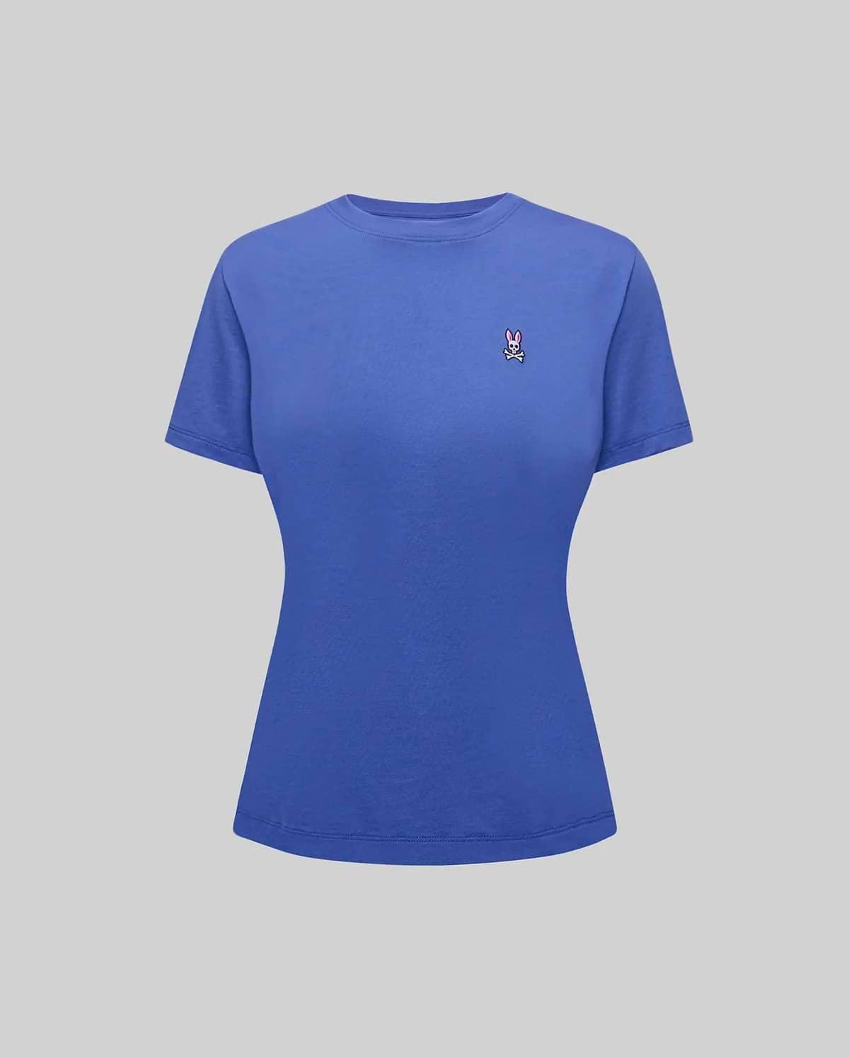 Women's Classic Tee in royal blue, featuring a classic fit and smooth jersey knit fabric. Small embroidered pink and white Psycho Bunny skull logo on the left chest. (5)