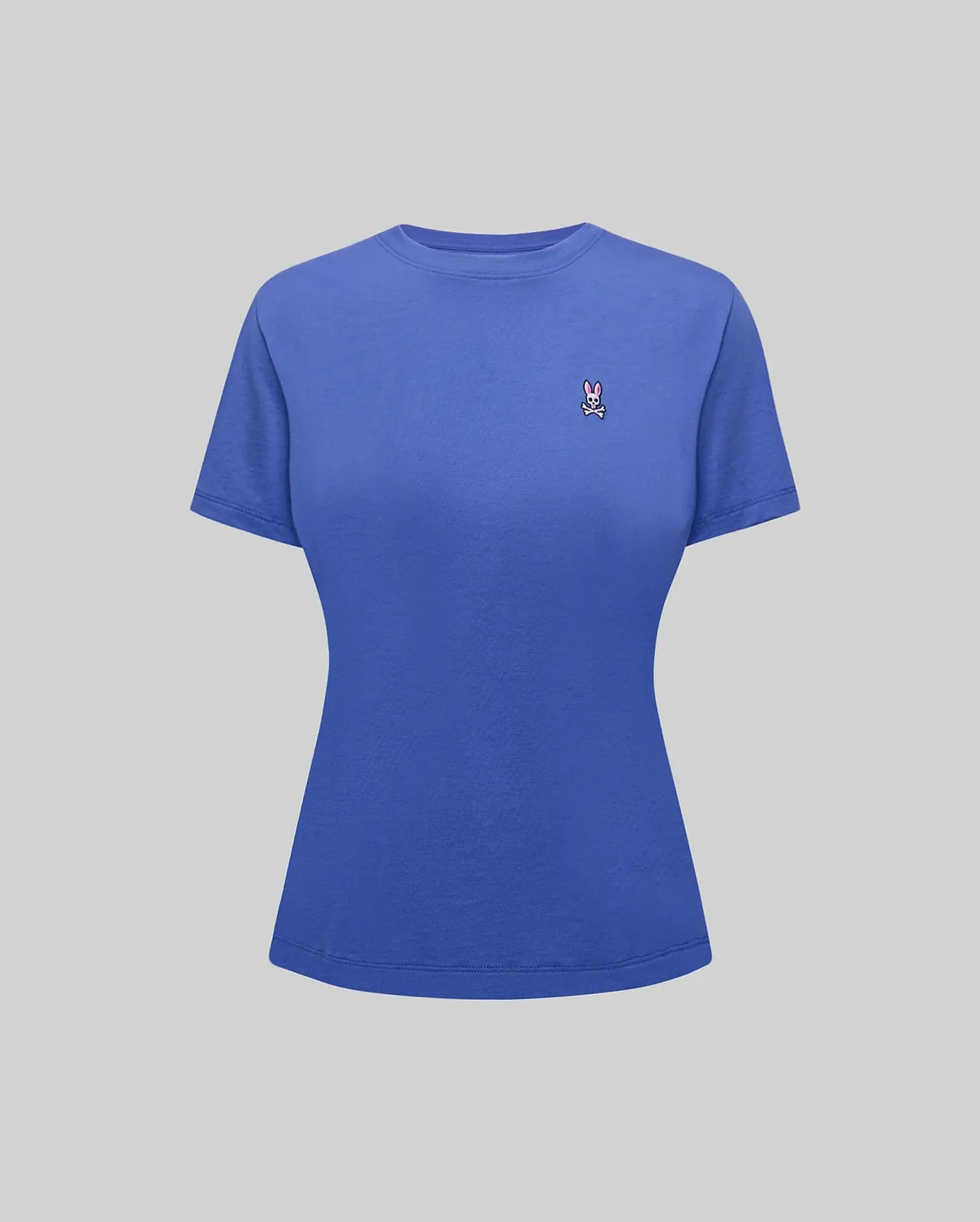 Women's Classic Tee in royal blue, featuring a classic fit and smooth jersey knit fabric. Small embroidered pink and white Psycho Bunny skull logo on the left chest. (5)