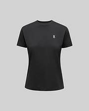 The Psycho Bunny WOMENS CLASSIC TEE - WT0200005 is a plain black Pima cotton shirt with a small white 4k stitch Bunny logo on the left chest, shown on a neutral gray background.